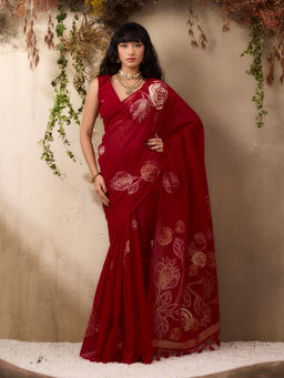 Akhilam - Women Silk Blend Red Printed Saree with Unstitched Blouse