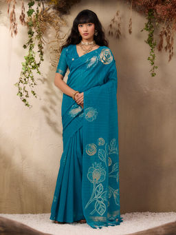 Akhilam - Women Silk Blend Printed Blue Saree with Unstitched Blouse