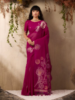 Akhilam - Women Silk Blend Pink Printed Saree with Unstitched Blouse