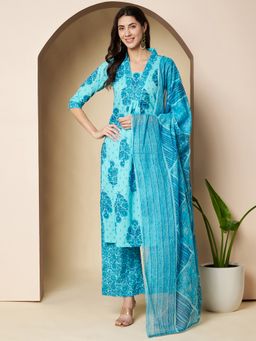 Poshak Hub - Women Floral A Line Turquoise Kurta with Palazzo and Dupatta