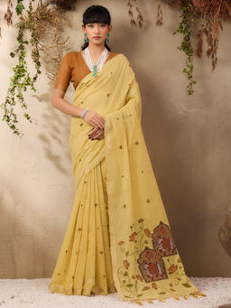 Akhilam - Women Pure Cotton Yellow Embroidered Saree with Unstitched Blouse