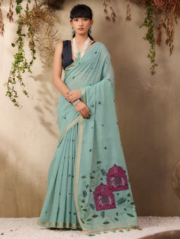 Akhilam - Women Pure Cotton Teal Embroidered Saree with Unstitched Blouse