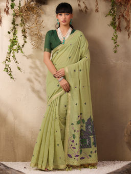 Akhilam - Women Pure Cotton Green Embroidered Saree with Unstitched Blouse