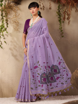 Akhilam - Women Pure Cotton Purple Embroidered Saree with Unstitched Blouse
