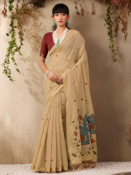 Akhilam - Women Pure Cotton Beige Embroidered Saree with Unstitched Blouse