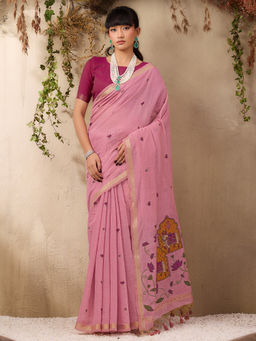 Akhilam - Women Pure Cotton Pink Embroidered Saree with Unstitched Blouse