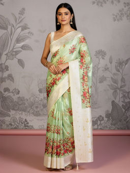 Akhilam - Women Cotton Blend Green Floral Saree with Unstitched Blouse