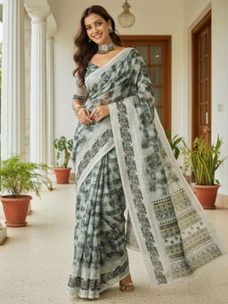 Akhilam - Women Linen Grey Printed Saree with Unstitched Blouse