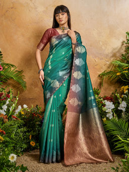 Akhilam - Women Cotton Blend Teal Woven Saree with Unstitched Blouse