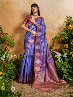 Akhilam - Women Cotton Blend Blue Woven Saree with Unstitched Blouse