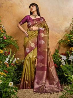Akhilam - Women Cotton Blend Olive Woven Saree with Unstitched Blouse