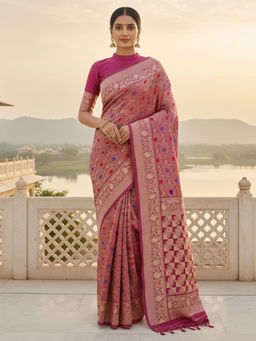 Akhilam - Pink Women Silk Blend Woven Saree with Unstitched Blouse
