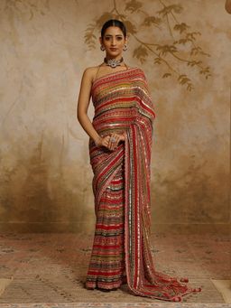 MEENA BAZAAR - Embroidered Georgette Pink Saree without Blouse