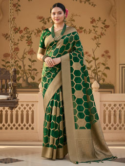 Akhilam - Women Organza Green Printed Saree with Unstitched Blouse