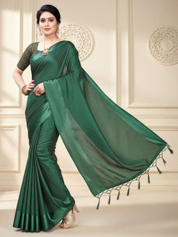 Akhilam - Women Satin Green Self Design Saree with Unstitched Blouse