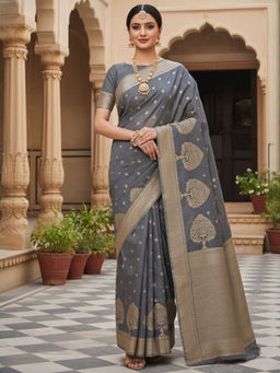 Akhilam - Women Silk Blend Grey Woven Saree with Unstitched Blouse