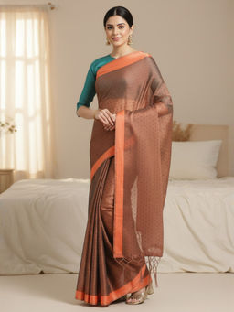 Akhilam - Women Poly Georgette Orange Polka Dots Saree with Unstitched Blouse