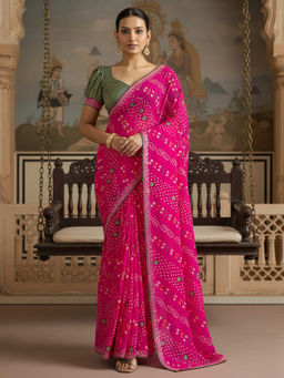 Akhilam - Women Georgette Pink Printed Saree with Unstitched Blouse