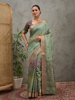 Akhilam - Women Cotton Silk Printed Green Saree with Unstitched Blouse