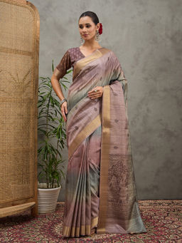 Akhilam - Women Cotton Silk Printed Brown Saree with Unstitched Blouse
