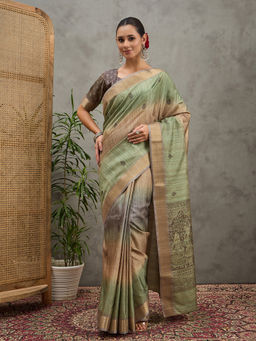 Akhilam - Women Cotton Silk Green Printed Saree with Unstitched Blouse