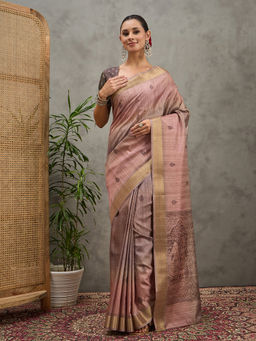 Akhilam - Women Cotton Silk Brown Printed Saree with Unstitched Blouse