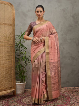Akhilam - Women Cotton Silk Peach Printed Saree with Unstitched Blouse