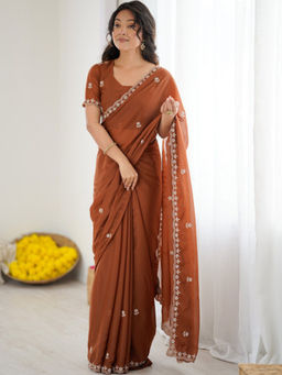 Akhilam - Women Georgette Brown Embroidered Saree with Unstitched Blouse