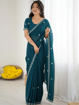 Akhilam - Women Georgette Teal Embroidered Saree with Unstitched Blouse