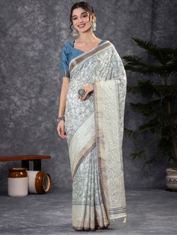 Akhilam - Women Blue Cotton Silk Printed Saree with Unstitched Blouse