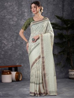 Akhilam - Women Cotton Silk Green Printed Saree with Unstitched Blouse
