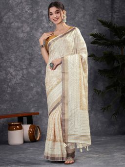 Akhilam - Women Cotton Silk Printed Gold Saree with Unstitched Blouse