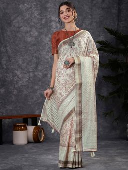 Akhilam - Women Rust Printed Cotton Silk Saree with Unstitched Blouse