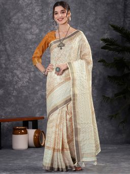 Akhilam - Women Mustard Cotton Silk Printed Saree with Unstitched Blouse