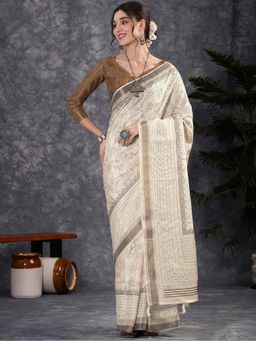 Akhilam - Cotton Silk Brown Printed Saree with Unstitched Blouse