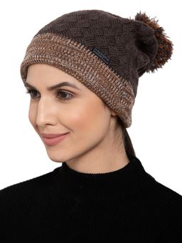 513 - Women Coffee Brown Grey Self Design Acrylic Beanie