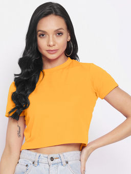 Uptownie - Women's Stretchable Polyester Solid High NeckTop Yellow