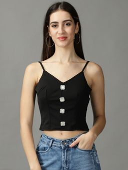 SHOWOFF - Womens Shoulder Straps Fitted Solid Black Crop Top