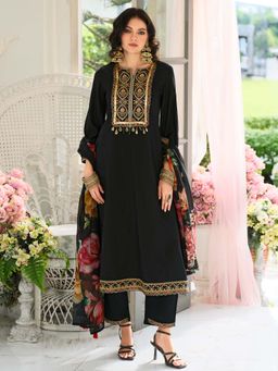 Indo Era - Black Embroidered A-Line Kurta and Pant with Dupatta