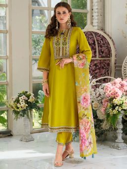 Indo Era - Mustard Embroidered A-Line Kurta and Pant with Dupatta