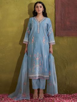 Indo Era - Blue Embroidered Straight Kurta and Pant with Dupatta
