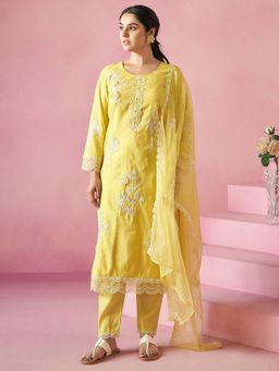 Indo Era - Yellow Embroidered Straight Kurta and Pant with Dupatta