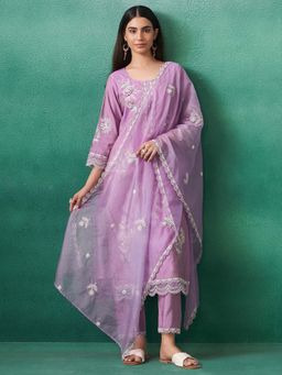 Indo Era - Lavender Embroidered Straight Kurta and Pant with Dupatta