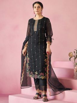 Indo Era - Black Embroidered Straight Kurta and Pant with Dupatta