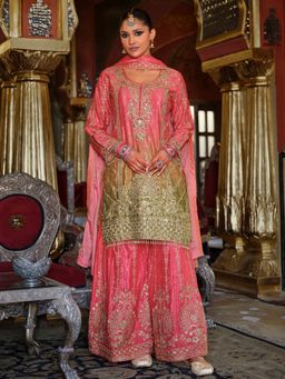 Indo Era - Peach Embroidered Straight Kurta and Palazzo with Dupatta