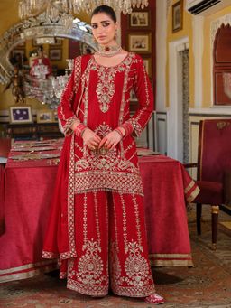 Indo Era - Red Embroidered Straight Kurta and Palazzo with Dupatta