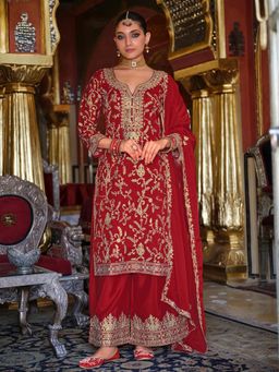 Indo Era - Red Embroidered Straight Kurta and Palazzo with Dupatta