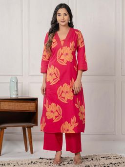 Indo Era - Pink Floral Printed Straight Kurta and Pant