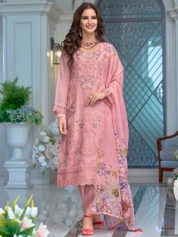 Indo Era - Pink Floral Embroidered Straight Kurta and Pant with Dupatta