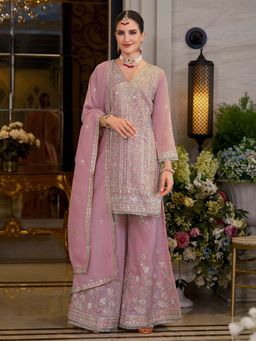 Indo Era - Pink Embroidered Straight Kurta Sharara with Dupatta